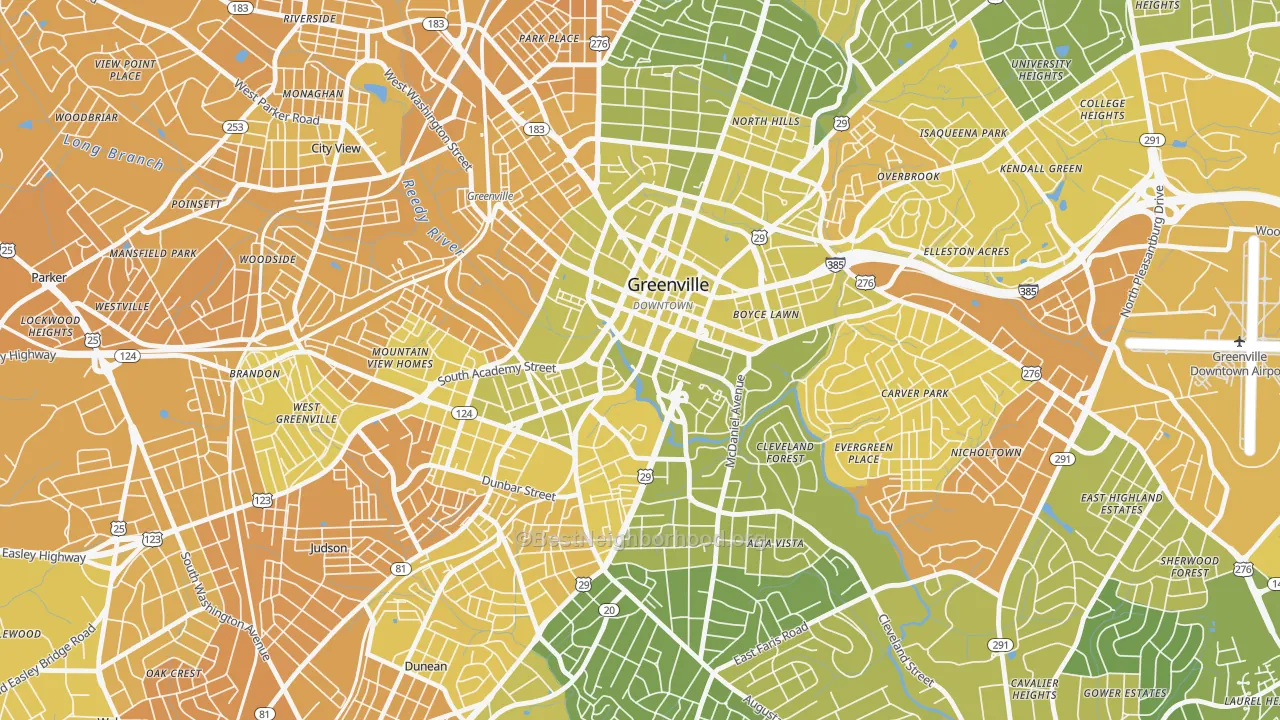 Map of the best neighborhoods in the 29601 area, with better matches in green and worse matches in red