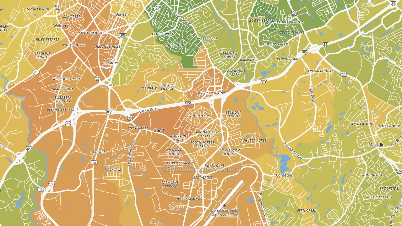 Map of the best neighborhoods in the 29605 area, with better matches in green and worse matches in red