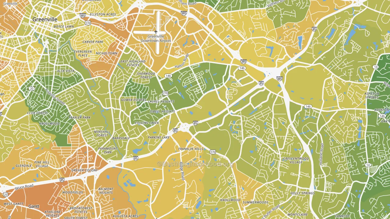 Map of the best neighborhoods in the 29607 area, with better matches in green and worse matches in red