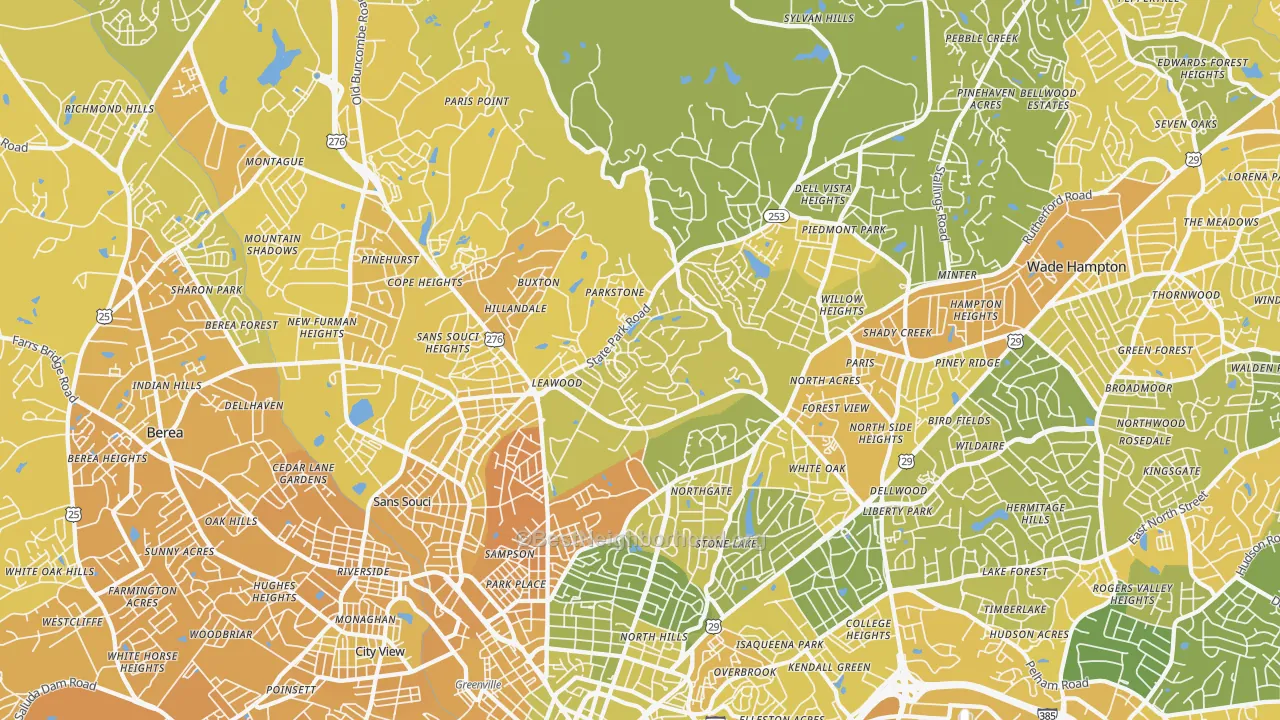 Map of the best neighborhoods in the 29609 area, with better matches in green and worse matches in red