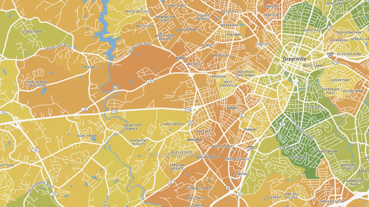 Map of the best neighborhoods in the 29611 area, with better matches in green and worse matches in red