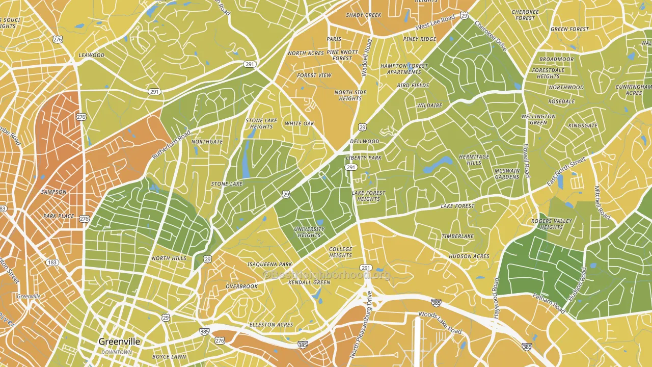 Map of the best neighborhoods in the 29614 area, with better matches in green and worse matches in red