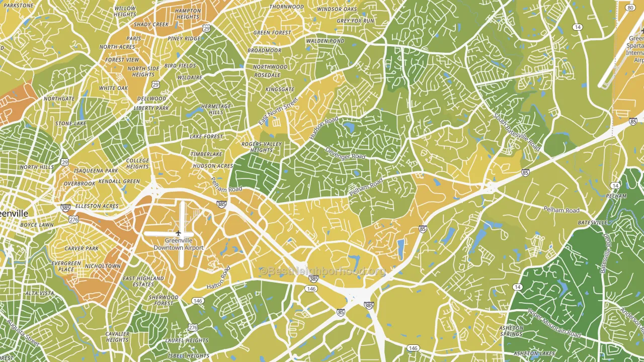 Map of the best neighborhoods in the 29615 area, with better matches in green and worse matches in red
