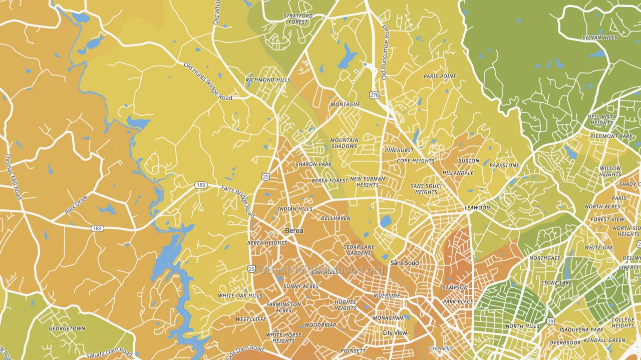 Map of the best neighborhoods in the 29617 area, with better matches in green and worse matches in red