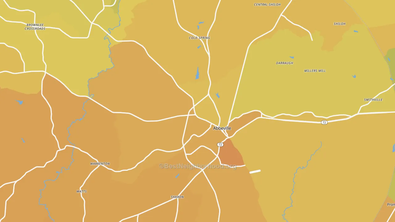 Map of the best neighborhoods in the 29620 area, with better matches in green and worse matches in red