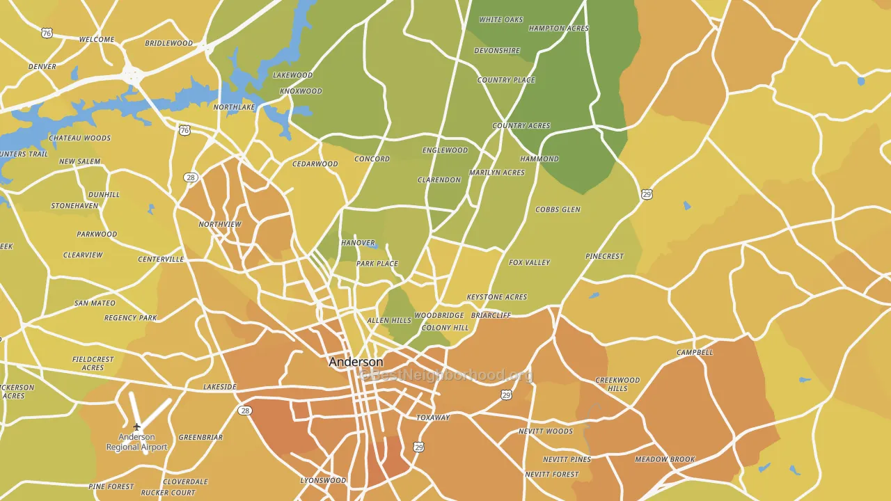 Map of the best neighborhoods in the 29621 area, with better matches in green and worse matches in red
