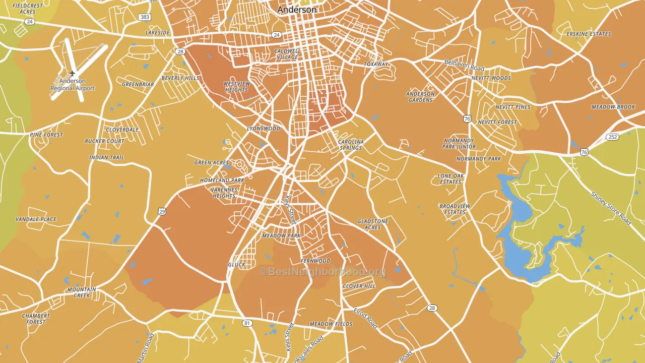 Map of the best neighborhoods in the 29624 area, with better matches in green and worse matches in red