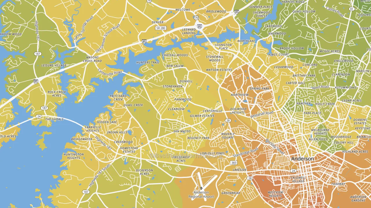 Map of the best neighborhoods in the 29625 area, with better matches in green and worse matches in red