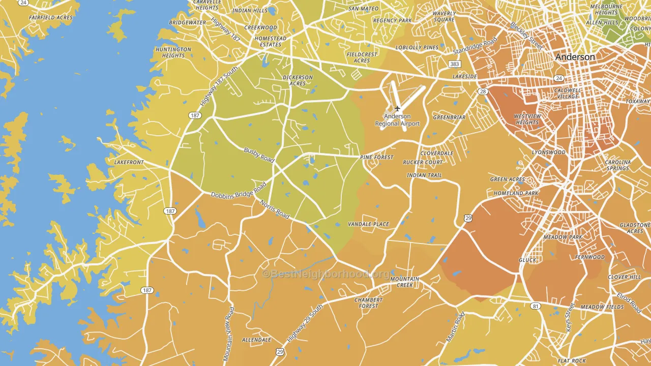 Map of the best neighborhoods in the 29626 area, with better matches in green and worse matches in red