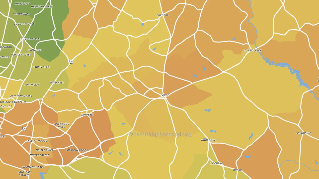 Map of the best neighborhoods in the 29627 area, with better matches in green and worse matches in red