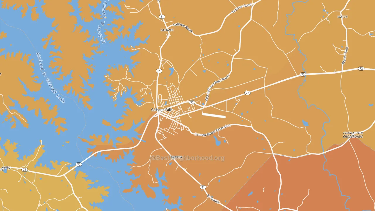 Map of the best neighborhoods in the 29628 area, with better matches in green and worse matches in red