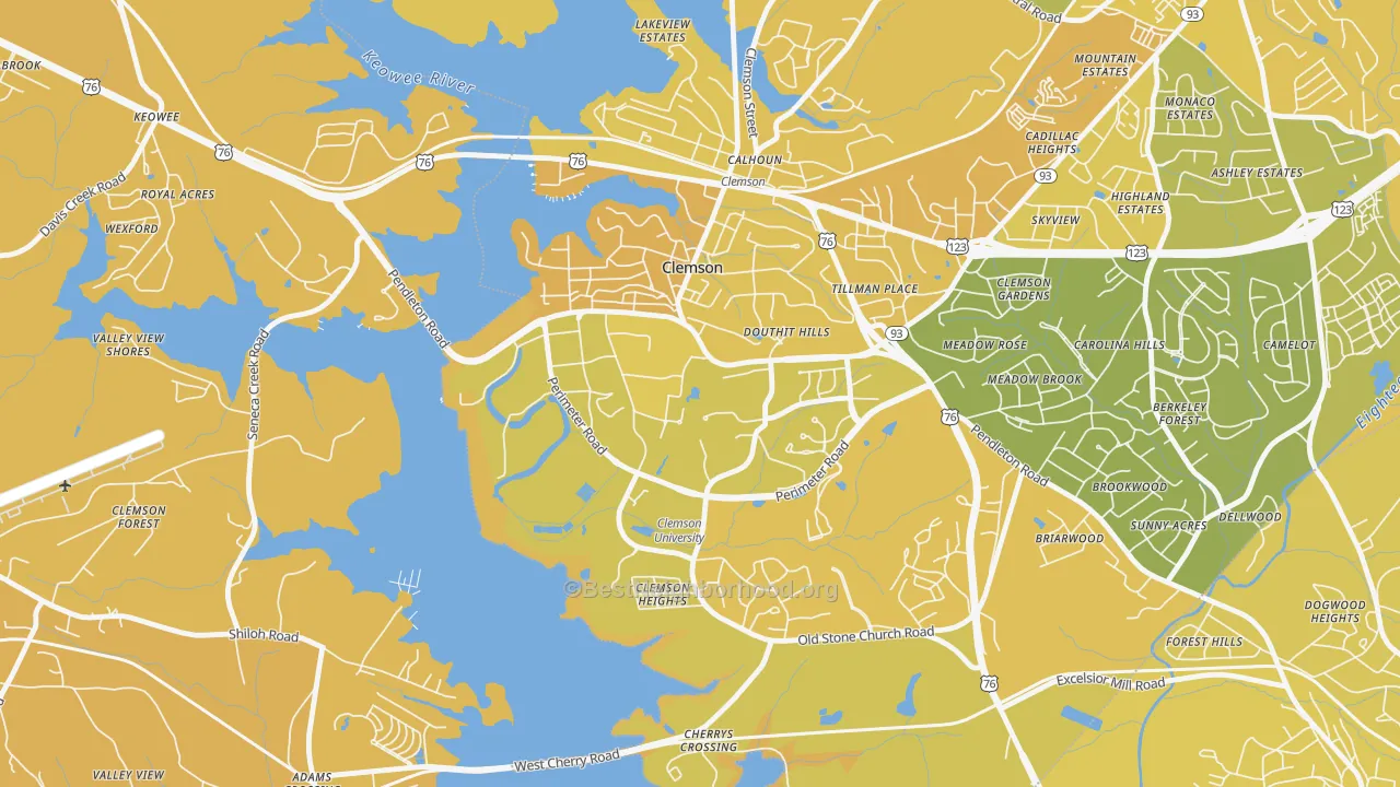 Map of the best neighborhoods in the 29634 area, with better matches in green and worse matches in red