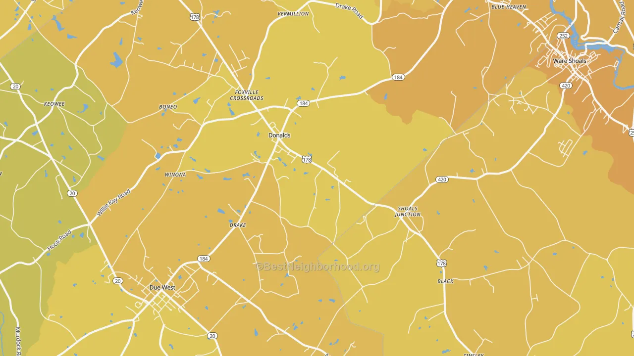 Map of the best neighborhoods in the 29638 area, with better matches in green and worse matches in red