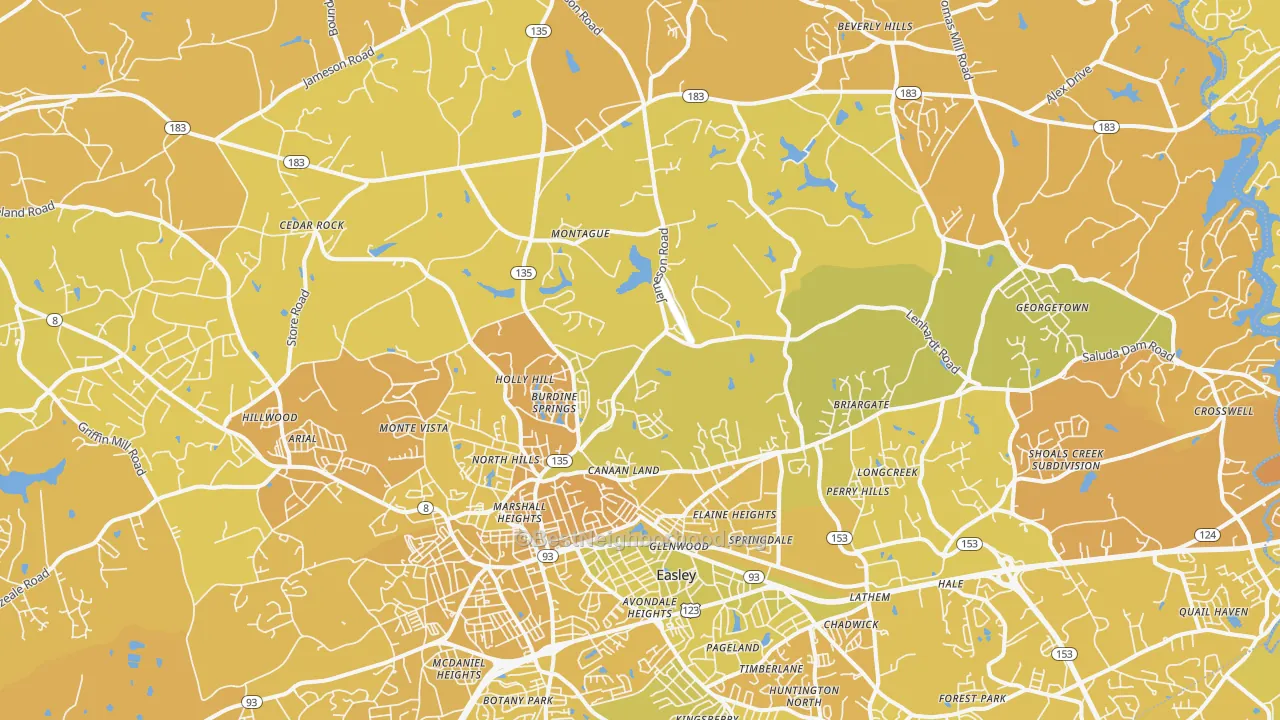 Map of the best neighborhoods in the 29640 area, with better matches in green and worse matches in red