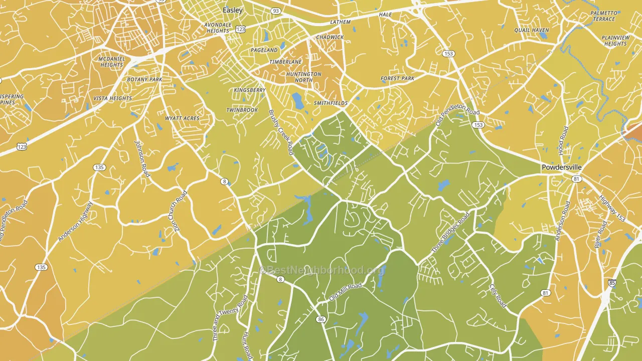 Map of the best neighborhoods in the 29642 area, with better matches in green and worse matches in red
