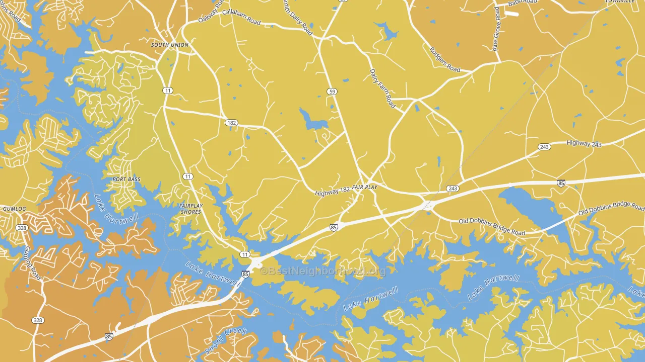 Map of the best neighborhoods in the 29643 area, with better matches in green and worse matches in red