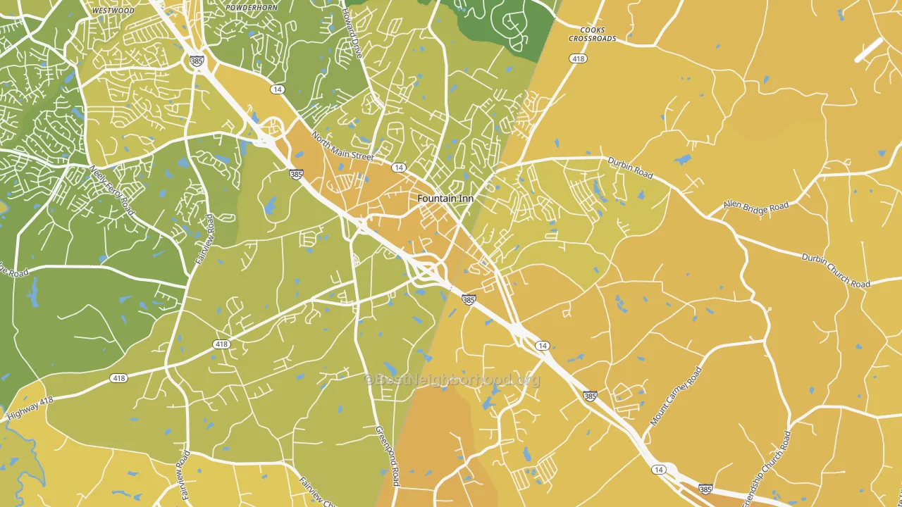 Map of the best neighborhoods in the 29644 area, with better matches in green and worse matches in red