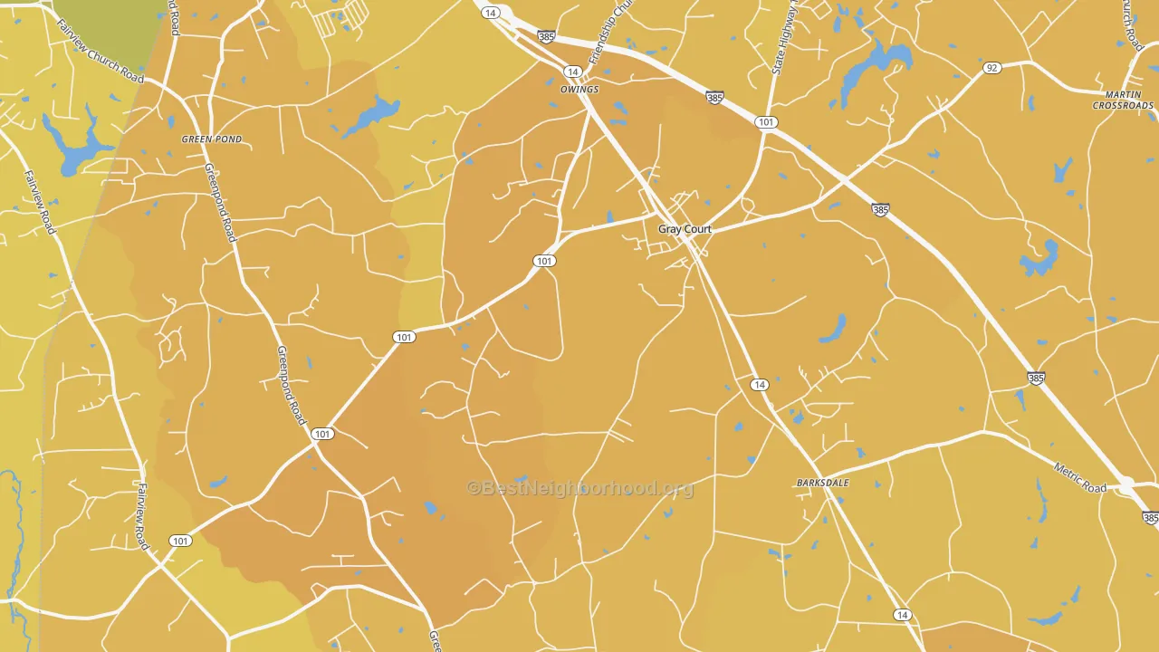 Map of the best neighborhoods in the 29645 area, with better matches in green and worse matches in red