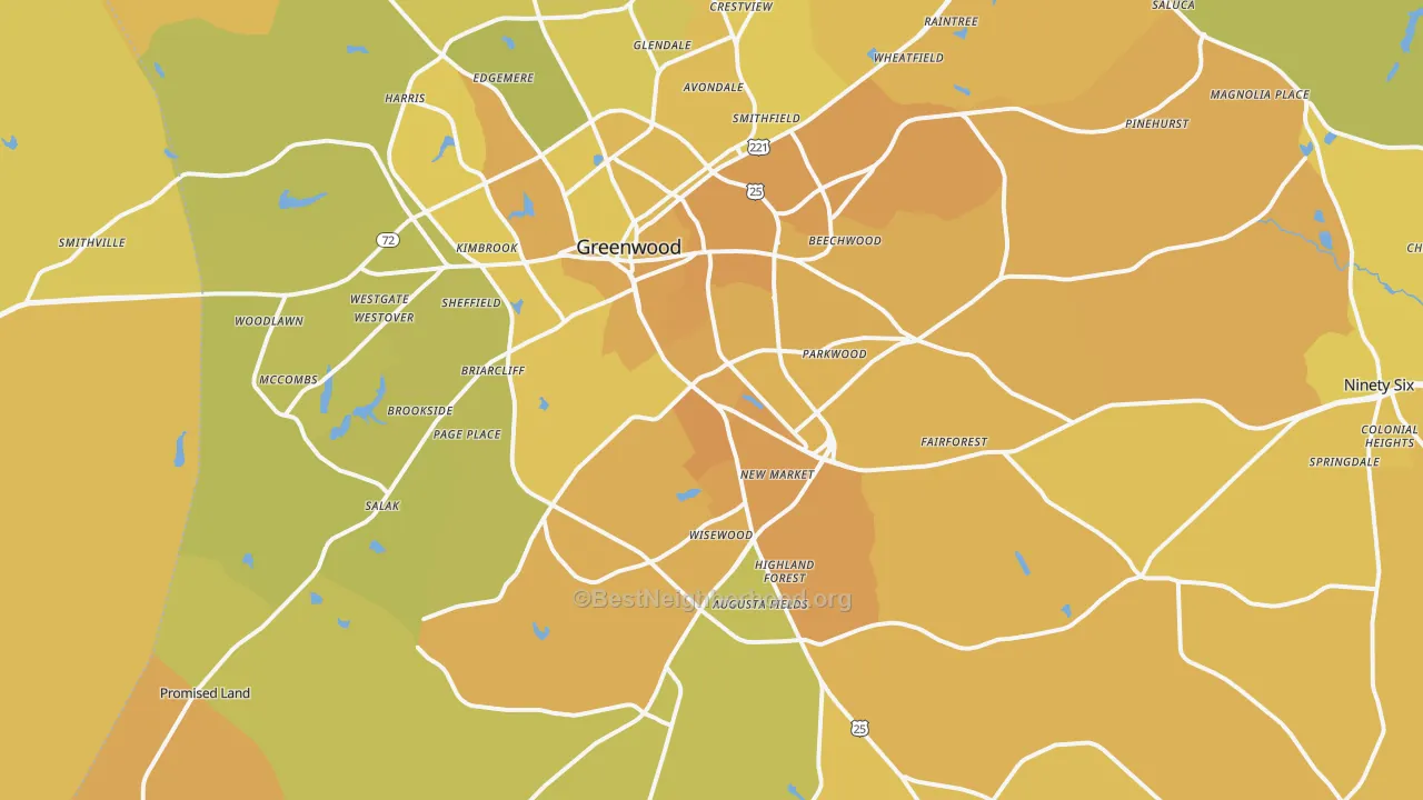 Map of the best neighborhoods in the 29646 area, with better matches in green and worse matches in red