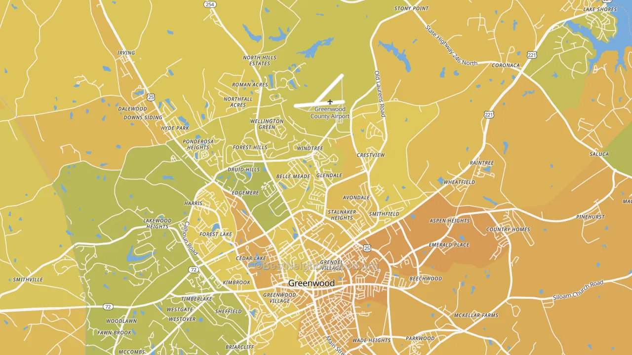 Map of the best neighborhoods in the 29649 area, with better matches in green and worse matches in red