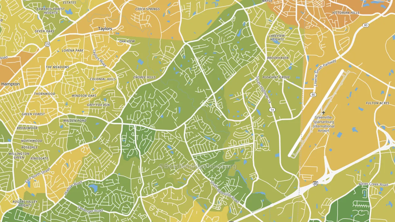 Map of the best neighborhoods in the 29650 area, with better matches in green and worse matches in red