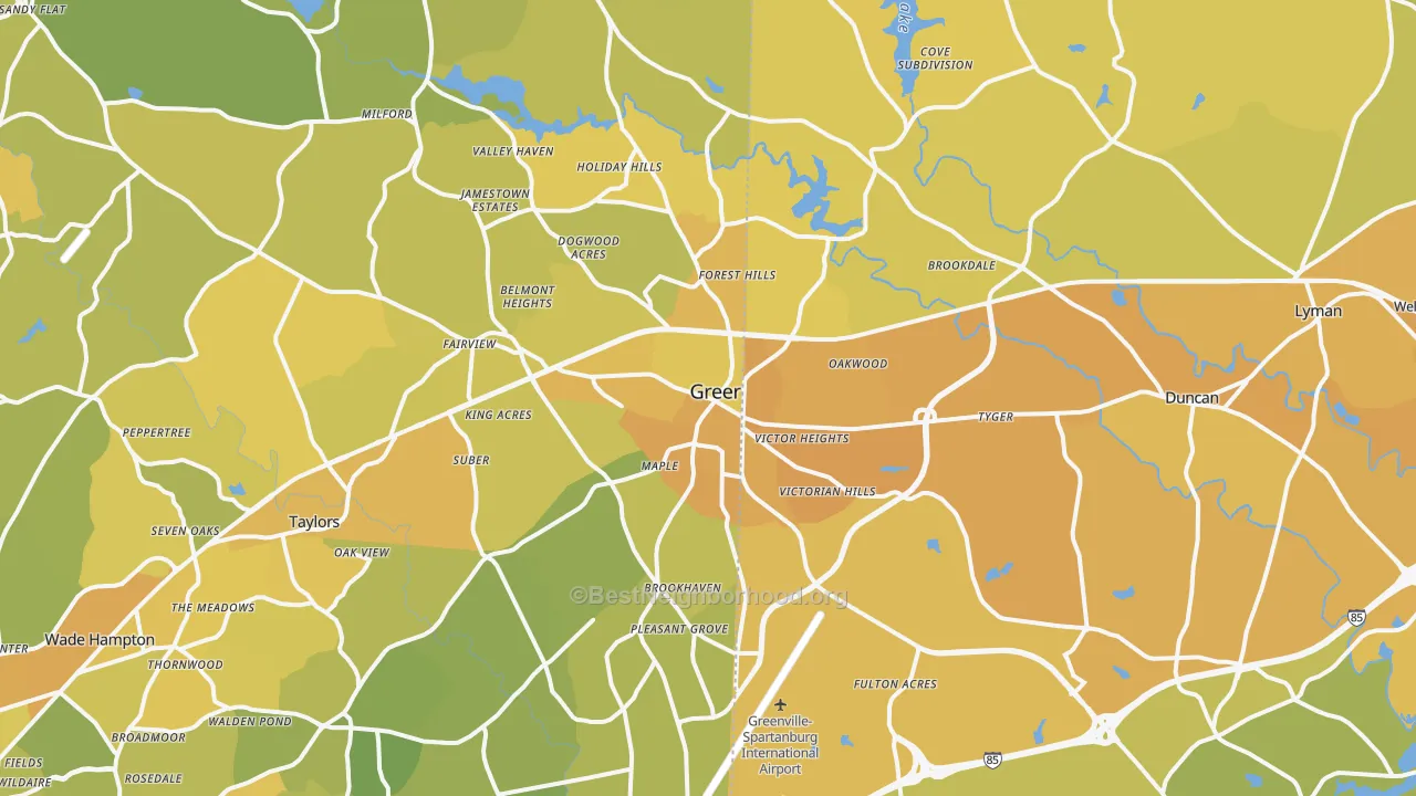 Map of the best neighborhoods in the 29651 area, with better matches in green and worse matches in red