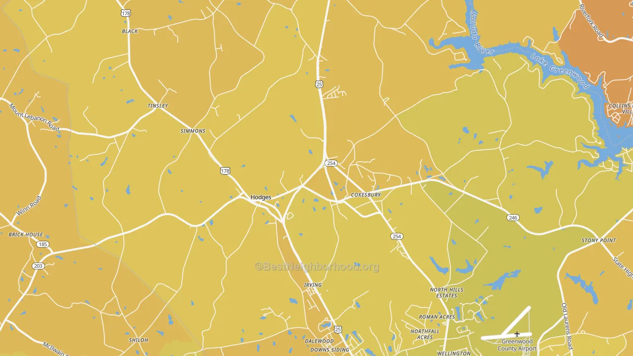 Map of the best neighborhoods in the 29653 area, with better matches in green and worse matches in red