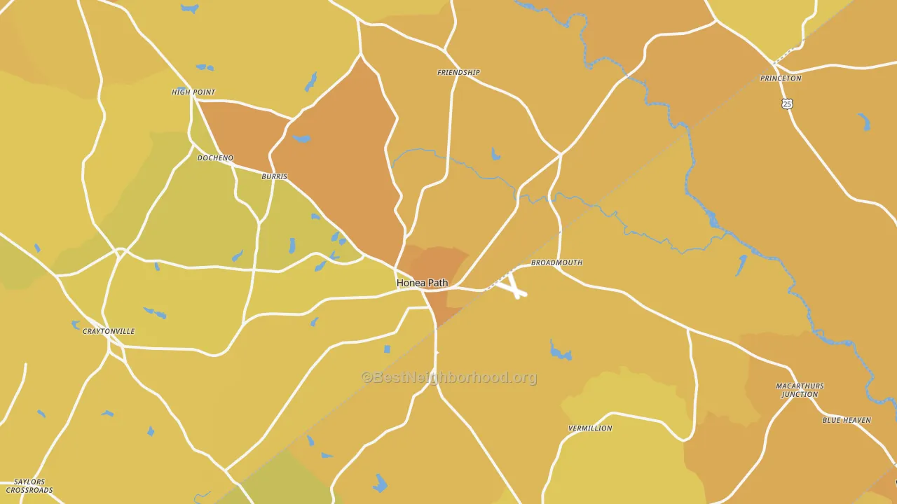 Map of the best neighborhoods in the 29654 area, with better matches in green and worse matches in red