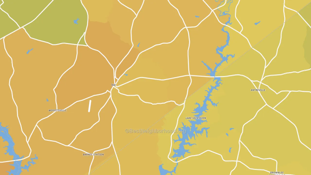 Map of the best neighborhoods in the 29655 area, with better matches in green and worse matches in red
