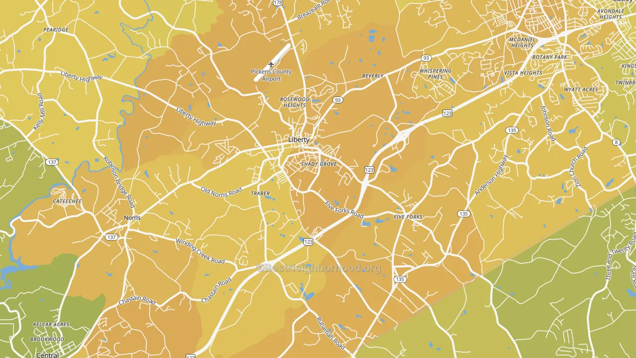Map of the best neighborhoods in the 29657 area, with better matches in green and worse matches in red