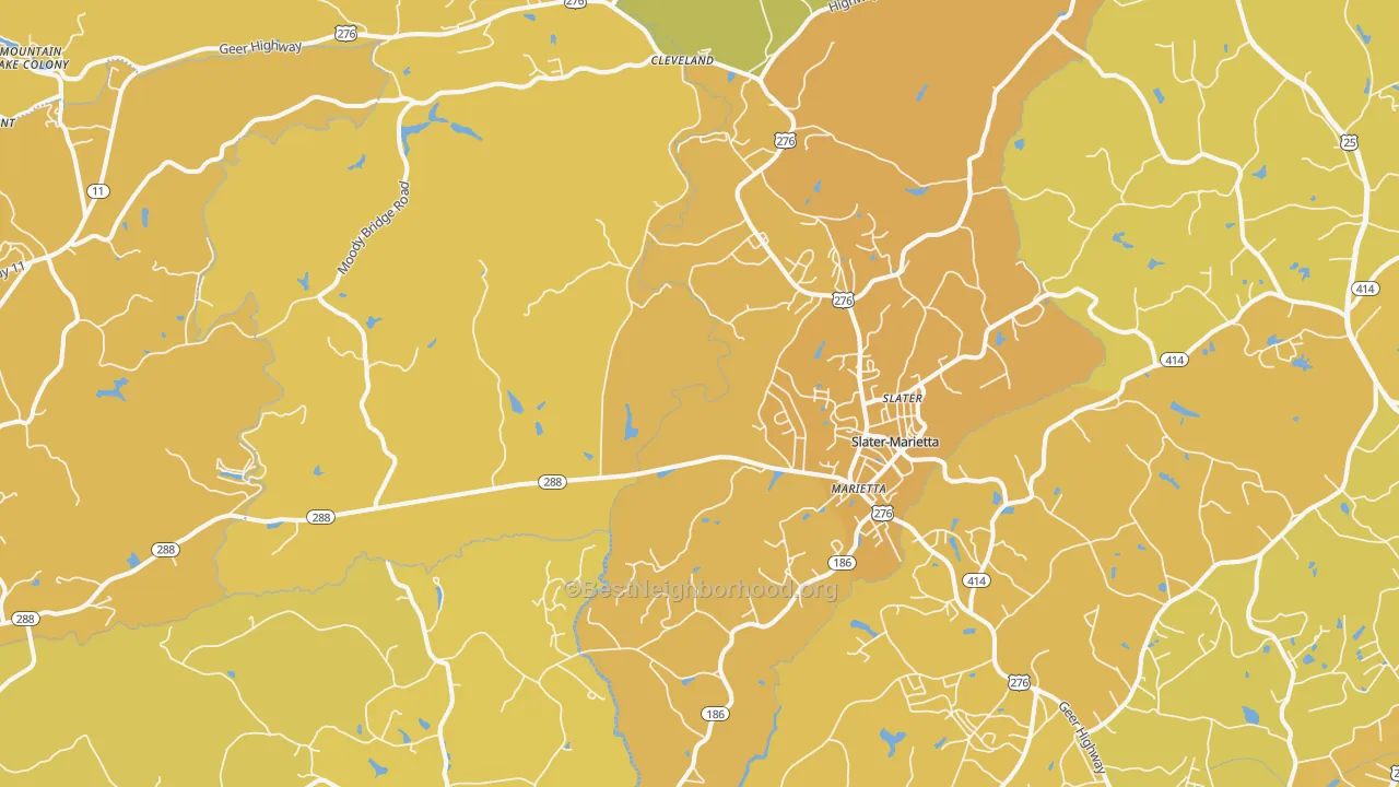 Map of the best neighborhoods in the 29661 area, with better matches in green and worse matches in red
