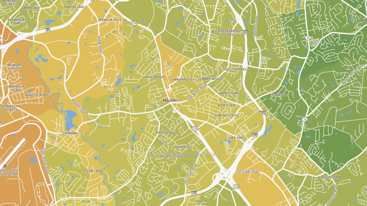 Map of the best neighborhoods in the 29662 area, with better matches in green and worse matches in red