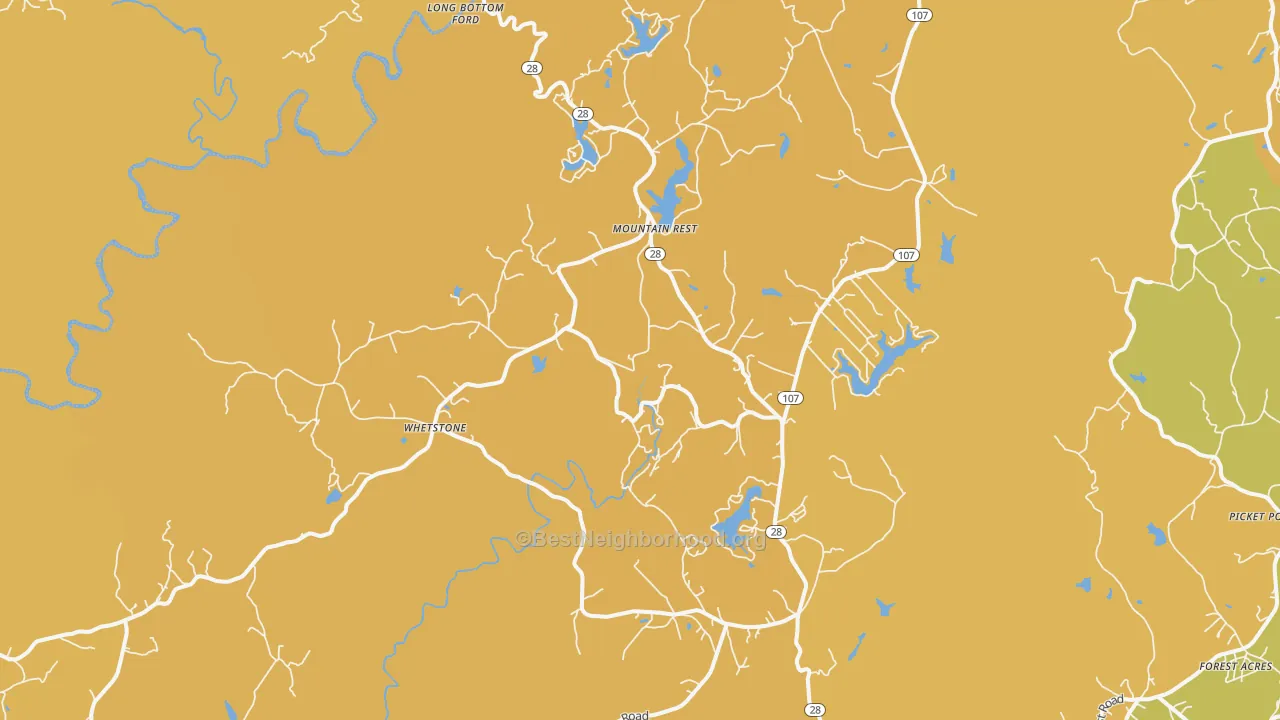 Map of the best neighborhoods in the 29664 area, with better matches in green and worse matches in red