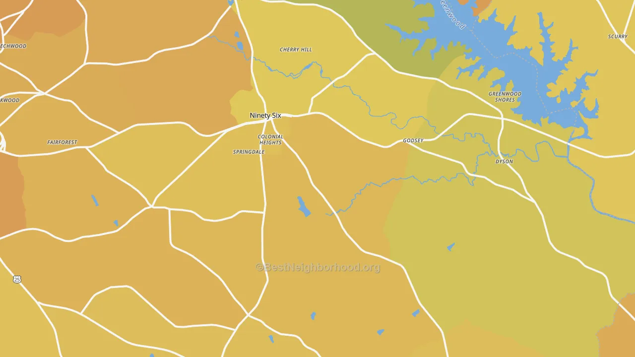 Map of the best neighborhoods in the 29666 area, with better matches in green and worse matches in red