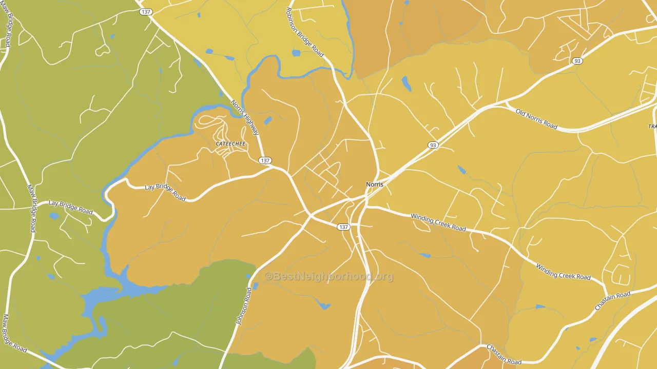 Map of the best neighborhoods in the 29667 area, with better matches in green and worse matches in red