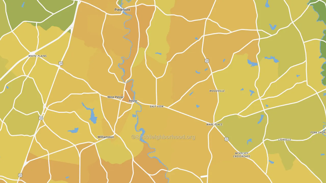Map of the best neighborhoods in the 29669 area, with better matches in green and worse matches in red