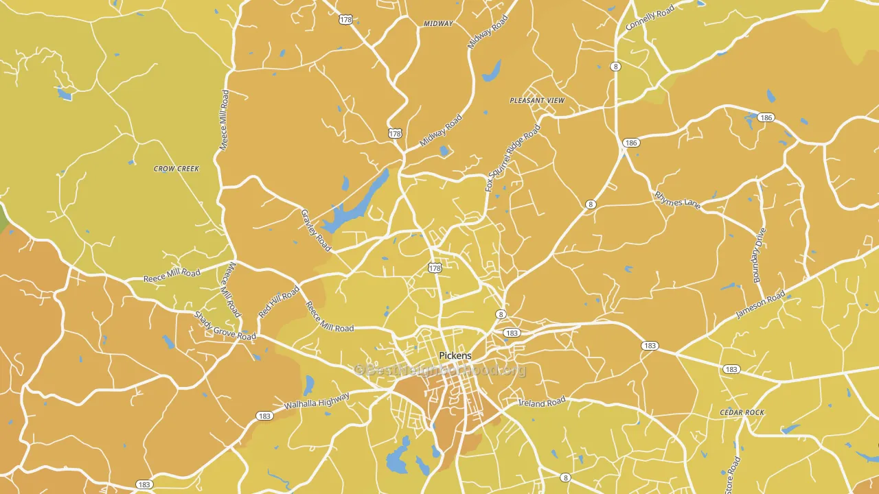 Map of the best neighborhoods in the 29671 area, with better matches in green and worse matches in red