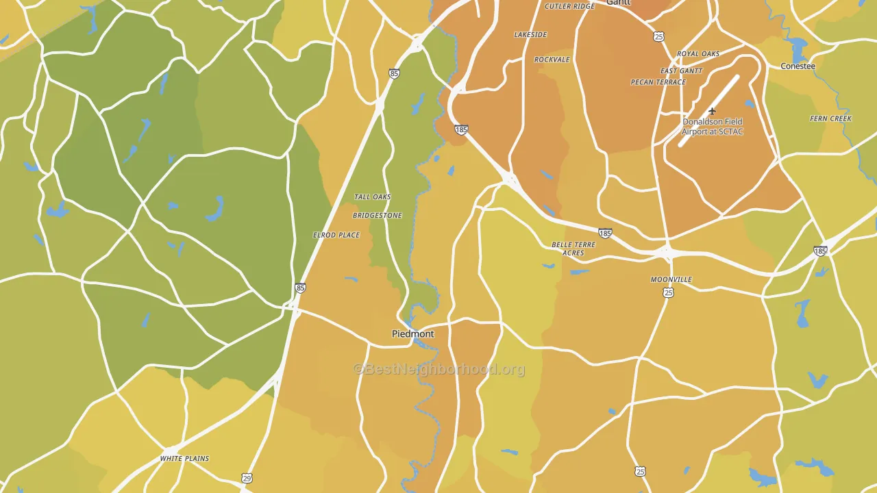 Map of the best neighborhoods in the 29673 area, with better matches in green and worse matches in red