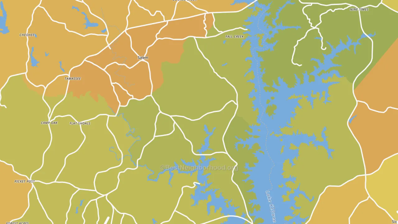 Map of the best neighborhoods in the 29676 area, with better matches in green and worse matches in red