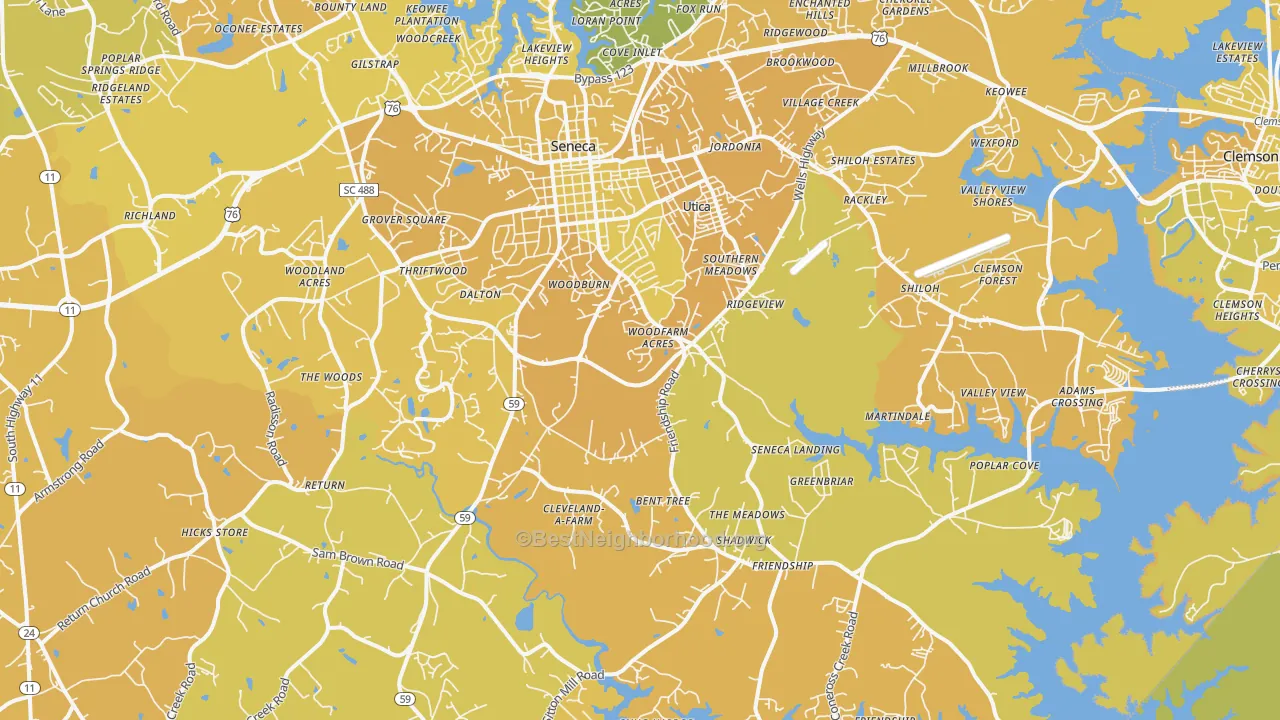Map of the best neighborhoods in the 29678 area, with better matches in green and worse matches in red