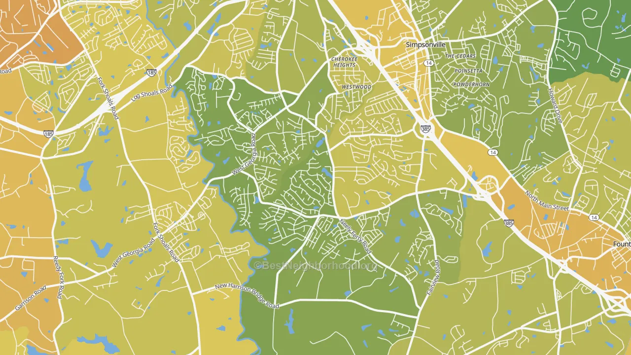 Map of the best neighborhoods in the 29680 area, with better matches in green and worse matches in red