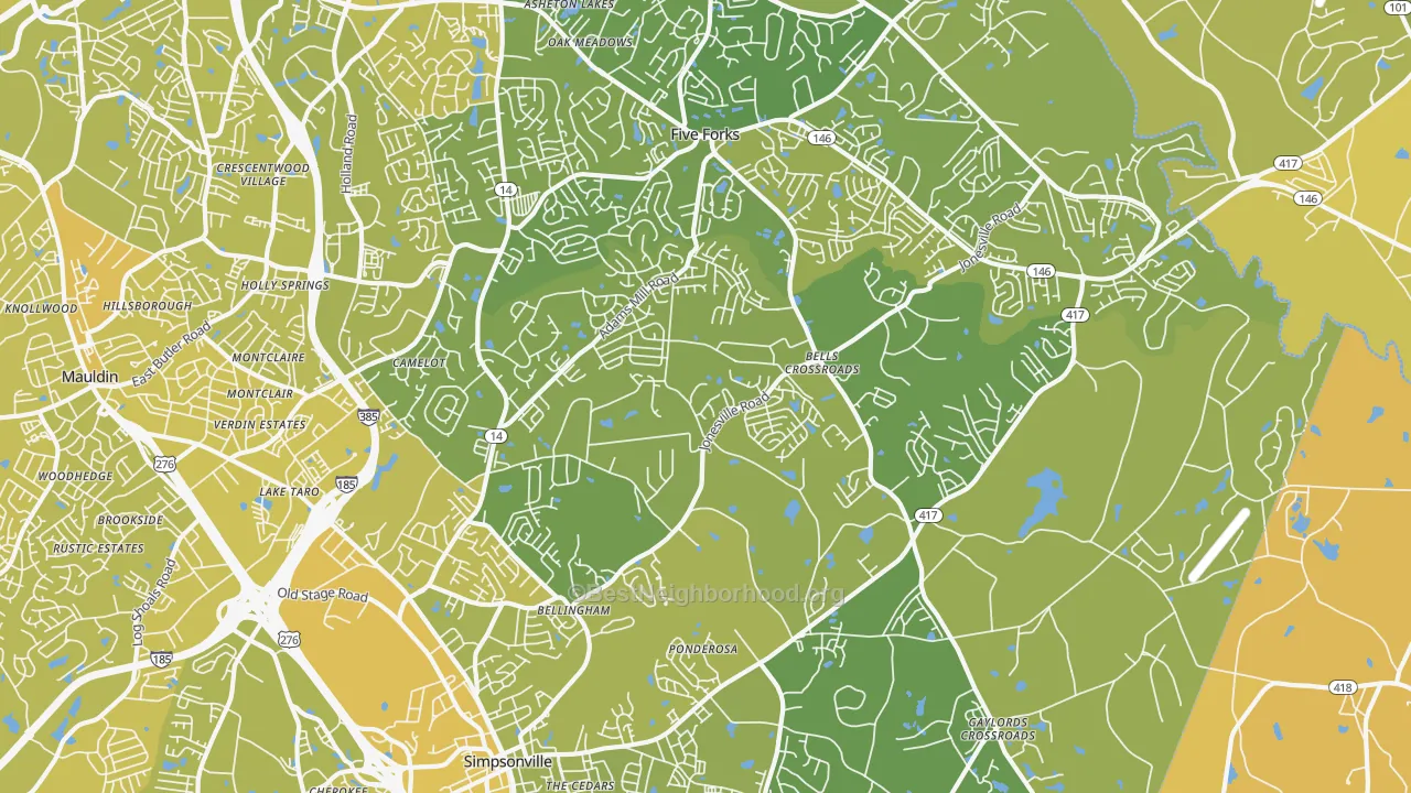 Map of the best neighborhoods in the 29681 area, with better matches in green and worse matches in red