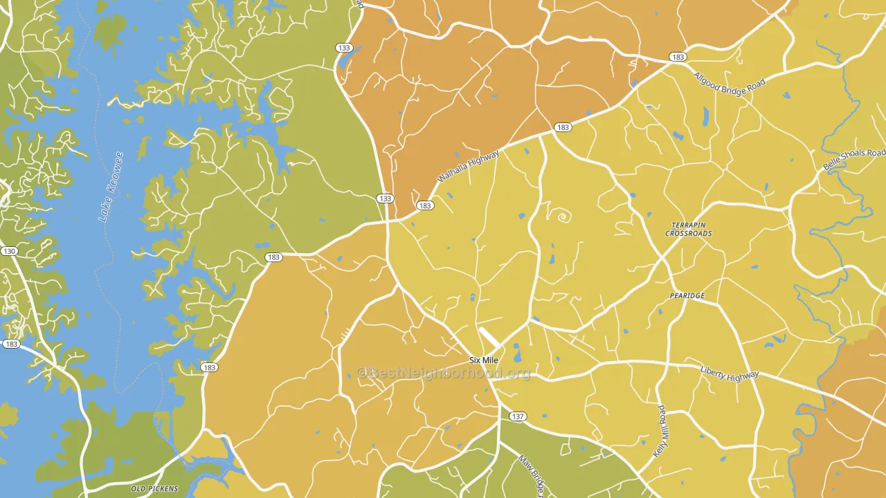 Map of the best neighborhoods in the 29682 area, with better matches in green and worse matches in red