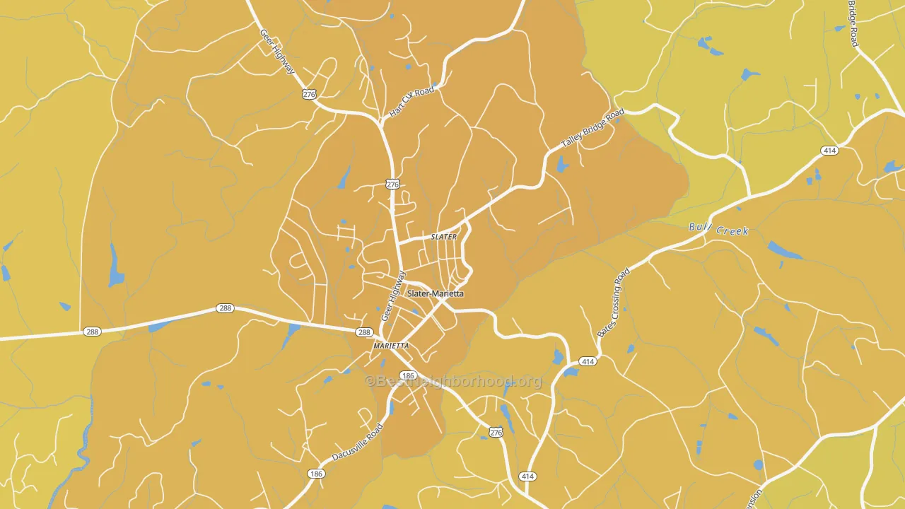 Map of the best neighborhoods in the 29683 area, with better matches in green and worse matches in red
