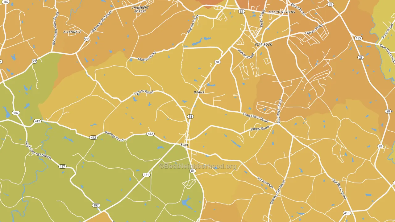 Map of the best neighborhoods in the 29684 area, with better matches in green and worse matches in red