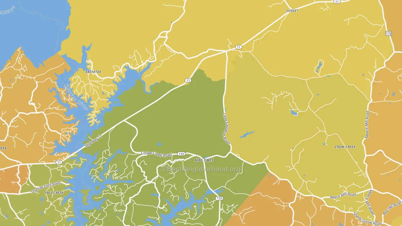 Map of the best neighborhoods in the 29685 area, with better matches in green and worse matches in red