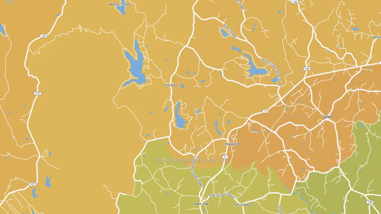 Map of the best neighborhoods in the 29686 area, with better matches in green and worse matches in red