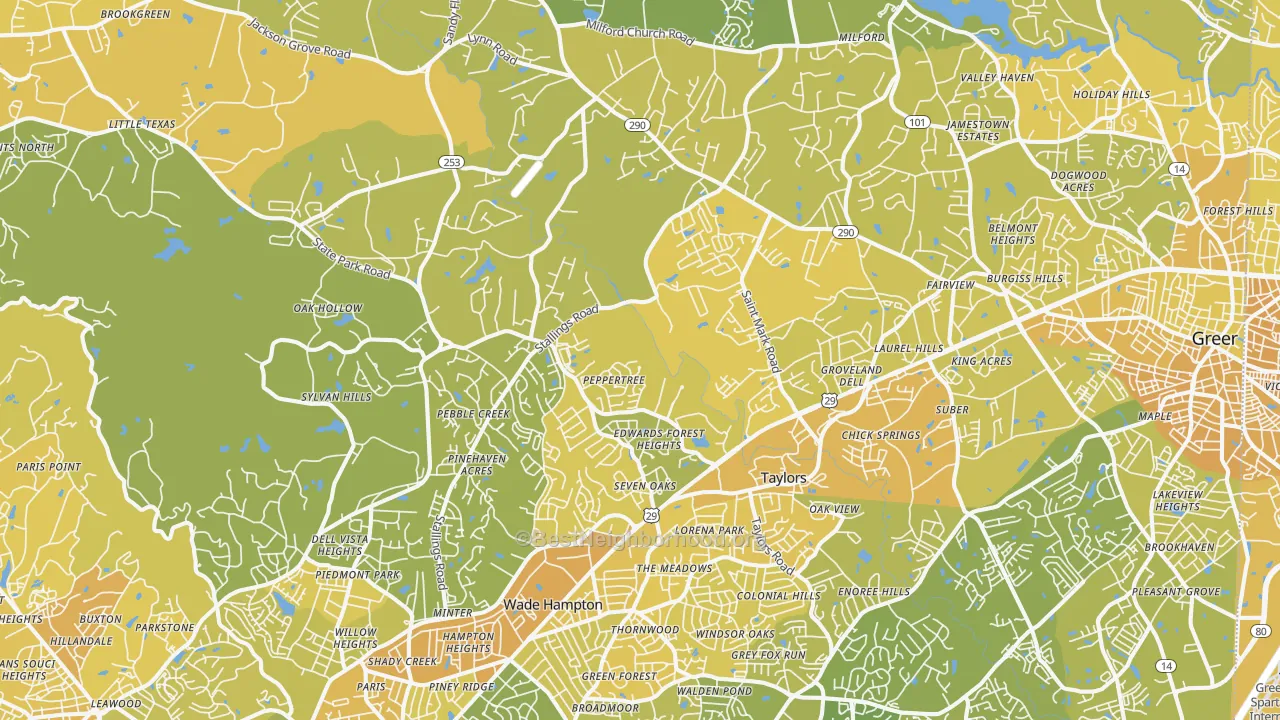 Map of the best neighborhoods in the 29687 area, with better matches in green and worse matches in red