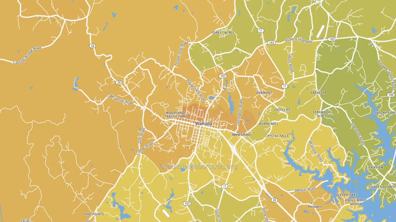 Map of the best neighborhoods in the 29691 area, with better matches in green and worse matches in red