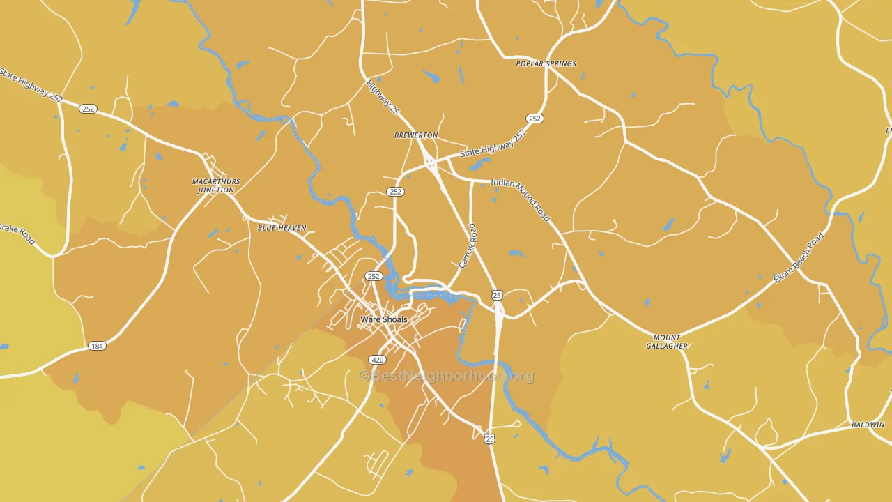 Map of the best neighborhoods in the 29692 area, with better matches in green and worse matches in red